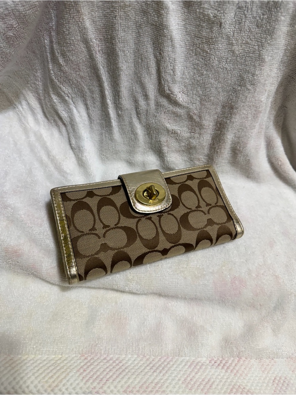 Coach Brown Signature Monogram Wallet with Gold Hardware
